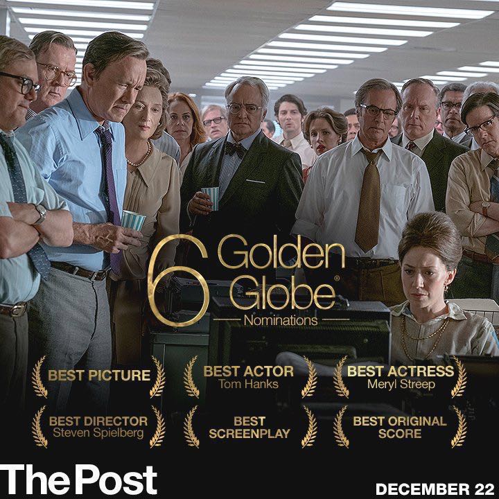 The news is that the Tom Hanks and Meryl Streep starrer 'The Post' has received 6 Golden Globe nominations. Tom Hanks has been nominated for the Best Actor award. Meryl Streep has also been nominated for the Best Actress award. The film has also received a nomination for Best Picture Drama. Steven Spielberg has been nominated for Best Director award. Apart from the above, the film has also been nominated for the Best original score and Best Screenplay. The Post is a thrilling drama about the unlikely partnership of Katharine Graham (Streep), the first female publisher of The Washington Post, and its driven editor Ben Bradlee (Hanks), as they race to catch up with The New York Times to expose a massive cover-up of government secrets that spanned three decades and four U.S. Presidents. Alison Brie,Carrie Coon,David Cross,Bruce Greenwood,Tracy Letts,Bob Odenkirk,Sarah Paulson,Jesse Plemons,Matthew Rhys,Michael Stuhlbarg,Bradley Whitford,Golden Globe Nominations