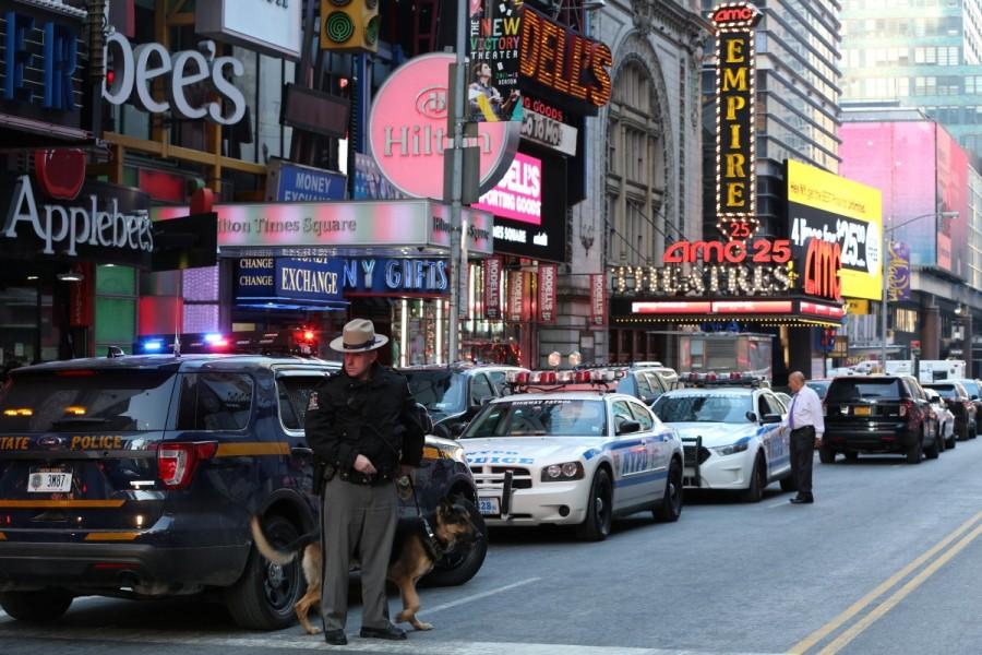New York State Police officers stand guard near Port Authority Bus Terminal. Explosion rocks,New York,New York Port Authority