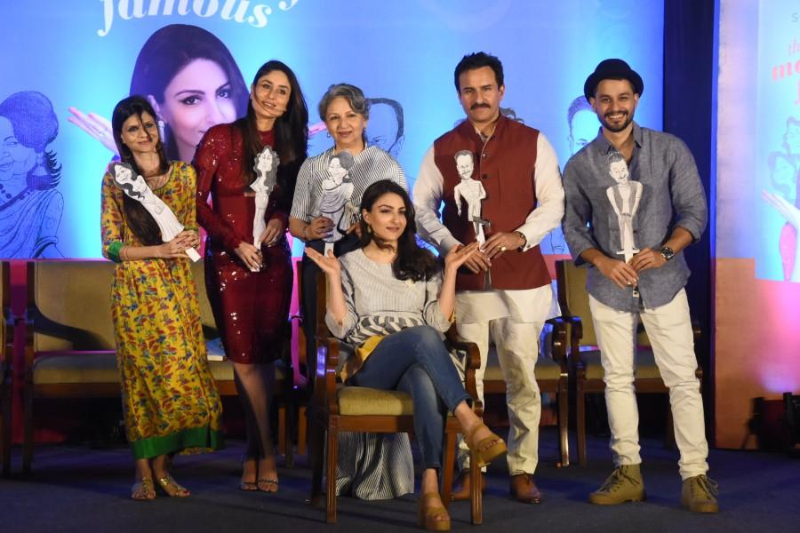 Sharmila Tagore and her family pose on the stage at during book launch at hotel Taj Lands End in Mumbai. Kareena Kapoor,Kareena Kapoor Khan,Saif Ali Khan,Soha Ali Khan book launch,Soha Ali Khan book launch event,Kareena Kapoor hot pics,Kareena Kapoor hot images,Kareena Kapoor hot stills,Kareena Kapoor hot pictures
