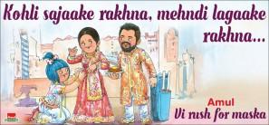 The company on Tuesday tweeted an advertisement where the little Amul girl is seen dressing Anushka's character, while Virat's character is seen holding a plate of bread and butter. The advertisement reads: "Kohli sajaake rakhna... mehndi lagake rakhna. Amul, Vi Rush for maska." It was attached to a post caption: "Amul Topical: Much awaited Indian cricket captain -- Bollywood actress marriage!"