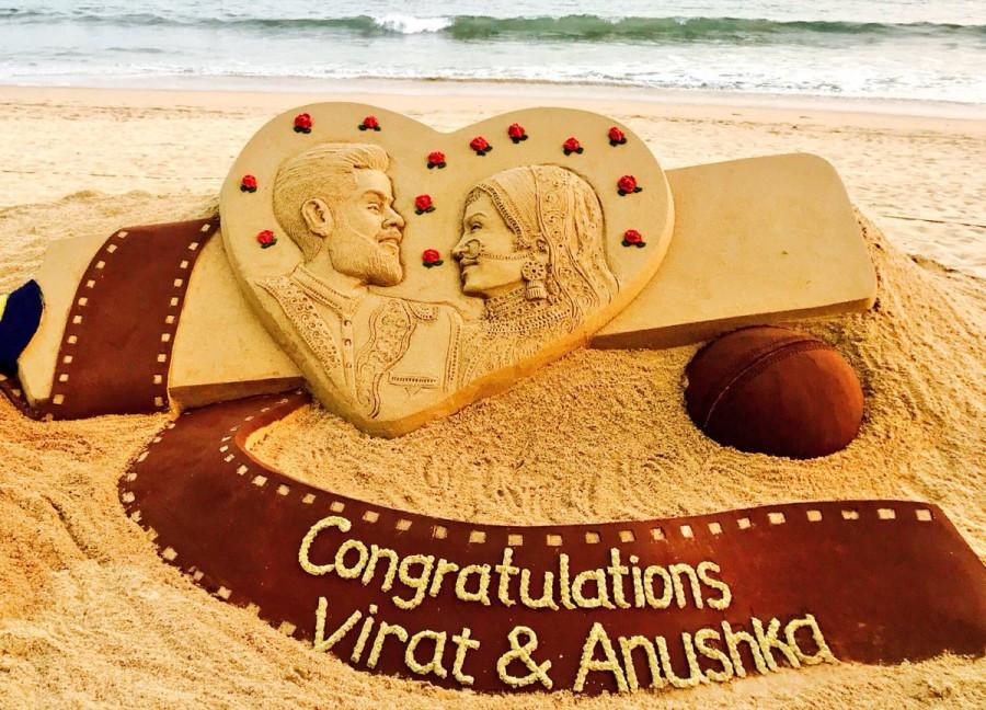 Virat and Anushka's nuptials were a close family affair in Tuscany, Italy on Monday afternoon. Anushka Sharma-Virat Kohli marriage,Anushka Sharma-Virat Kohli wedding,Sand artist Sudarsan Pattnaik,Sudarsan Pattnaik,Anushka Sharma-Virat Kohli sand art