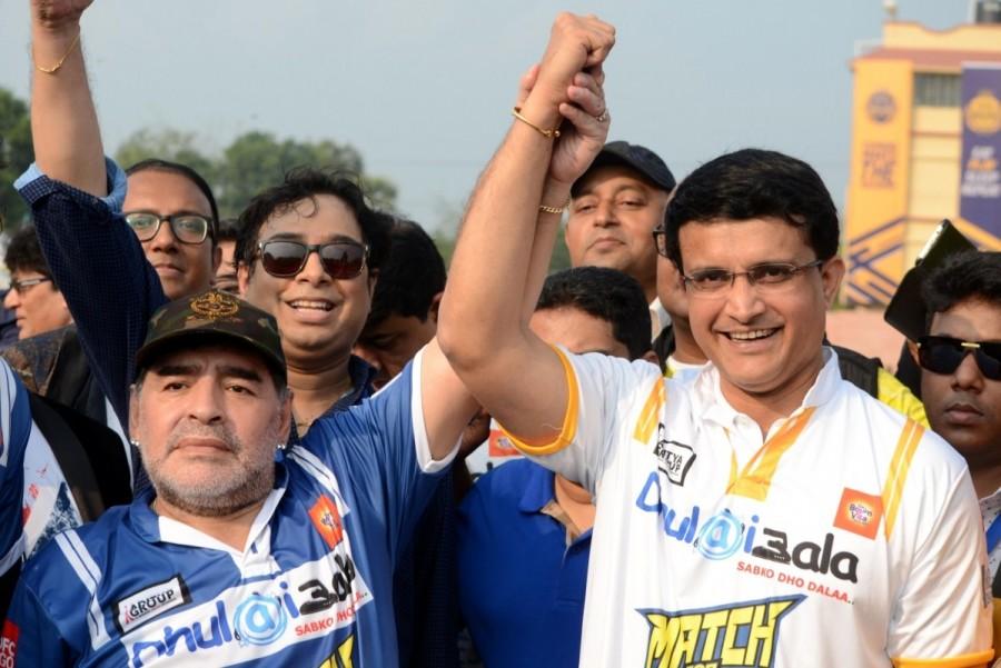 Argentine football legend Diego Maradona with Cricket Association of Bengal (CAB) president Sourav Ganguly during a sports workshop in Barasat. Diego Maradona,Sourav Ganguly,Diego Maradona and Sourav Ganguly