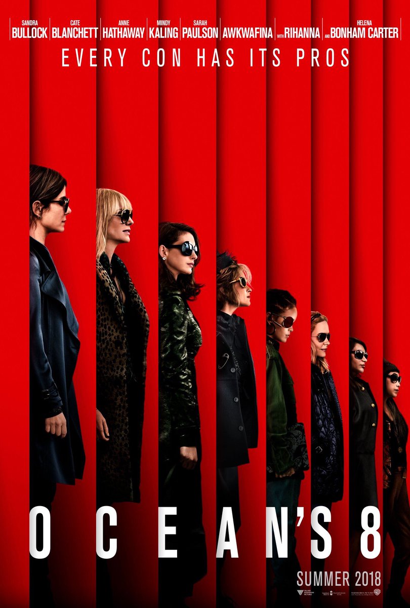 The new poster of the Warner Bros film shows the characters lined up in profile, all wearing dark overcoats and shades. Under the powerfully stylish shots of the eight female stars, it simply reads: "Ocean's 8. Summer 2018", reports dailymail.co.uk. It has the tagline: "Every con has its pros." A sequel to Steven Soderbergh's "Ocean's" trilogy, it stars Sandra Bullock as ringleader Debbie Ocean, the sister of George Clooney's character Danny. After getting out of jail, she recruits seven women -- Cate Blanchett, Rihanna, Anne Hathaway, Mindy Kaling, Sarah Paulson, Awkwafina, and Helena Bonham Carter -- to help her pull off a jewellery heist at the annual Met Gala in New York. Ocean's 8,Ocean's 8 poster,Ocean's 8 first look,Ocean's 8 first look poster,Sandra Bullock,Cate Blanchett,Rihanna,Anne Hathaway,Mindy Kaling,Sarah Paulson,Awkwafina