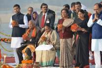 On the second day of his visit to Uttar Pradesh, President Ram Nath Kovind offered prayers at the Sangam in Allahabad on Saturday and later visited the fabled 'lete hue Hanuman' temple. He was accompanied by his wife Savita Kovind, Governor Ram Naik, Chief Minister Yogi Adityanath and many senior ministers.