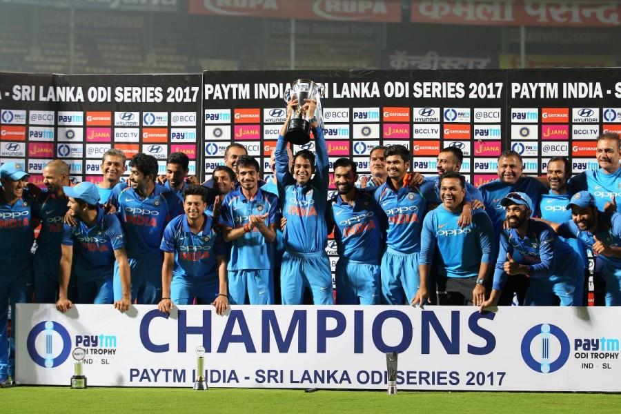 The Indians dominated with both bat and ball, restricting Sri Lanka to 215 runs before Shikhar Dhawan's unbeaten century helped them canter to a big win with 17.5 overs to spare. India have now won every series at home since the defeat to South Africa in October, 2015. The Sri Lankans will continue the search for their first bilateral series win in India. Dhawan, who remained unbeaten on 100, produced a partnership of 135 runs with Shreyas Iyer after the early departure of Indian captain Rohit Sharma. Shikhar Dhawan,India vs Sri Lanka,India beats Sri Lanka,India trash Sri Lanka,Dinesh Karthik,Mahendra Singh Dhoni
