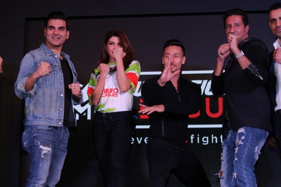 Jacqueline Fernandez and Tiger Shroff, music composer duo Salim Merchant and Sulaiman Merchant at the launch of "Super Fight League Season 2" in Mumbai. Jacqueline Fernandez,Tiger Shroff,Salim Merchant and Sulaiman Merchant,Super Fight League Season 2 launch,Super Fight League Season 2,Super Fight League