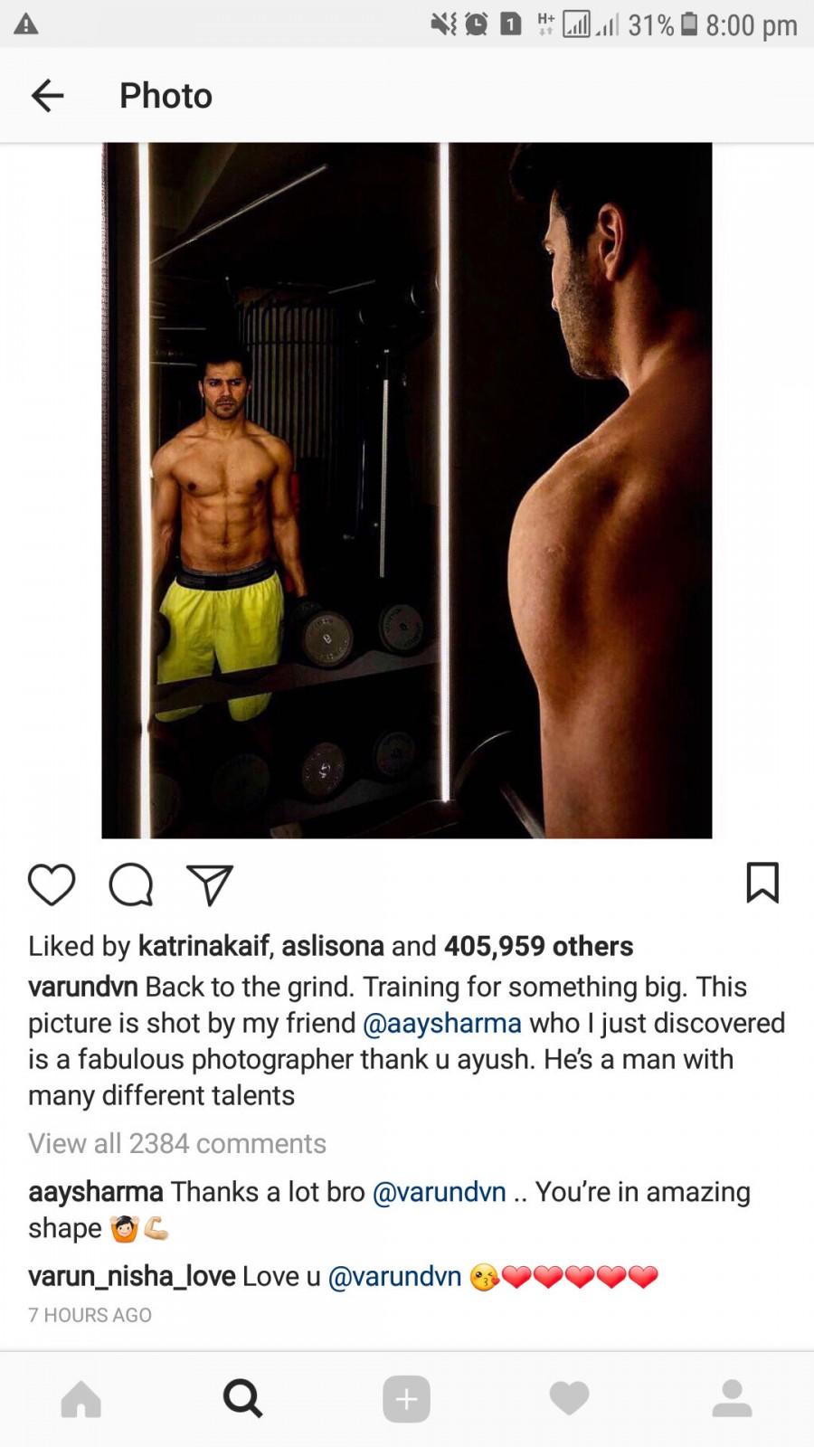 Varun Dhawan praised the photography skills of good friend Aayush Sharma, who is all set to make his Bollywood debut with 'Loveratri'. Aayush Sharma is currently prepping for his Bollywood debut with Salman Khan Films' 'Loveratri', while everyone is eager to witness his acting skills, Varun Dhawan revealed a secret talent of the actor. Varun Dhawan shared a picture of him on Instagram with a caption, wherein he mentioned of Aayush Sharma's photography skills. The Judwaa 2 actor said, "Back to the grind. Training for something big. This picture is shot by my friend @aaysharma who I just discovered is a fabulous photographer thank u ayush. He’s a man with many different talents". The duo gave us a sneak peek of their bromance as Aayush Sharma replied to Varun saying, "Thanks a lot bro @varundvn .. You're in amazing shape". Varun Dhawan,actor Varun Dhawan,Aayush Sharma,Loveratri,salman khan