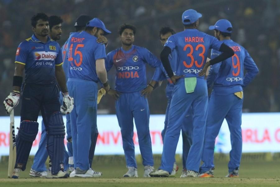 The Haryana tweaker bagged his third wicket when right-hander Asela Gunaratne (4) was stumped by Dhoni. The wickets kept falling -- the next one being Dasun Shanaka (1). The Sri Lankan batsman hit left-arm wrist spinner Kuldeep Yadav to the hands of Hardik Pandya at long-off, with the visitors at 58/5. Chahal continued his good show when he scalped his fourth, this time removing captain Perera (3) to dash the grim hopes of the visitors. Perera went up the track but was foxed by a googly and Dhoni dismantled the wickets. India vs Sri Lanka,India vs Sri Lanka 1st T20,India beats Sri Lanka,India trash Sri Lanka,Lokesh Rahul,Mahendra Singh Dhoni,Dhoni