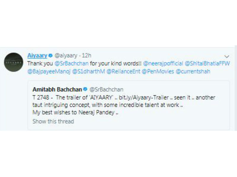 The trailer of Neeraj Pandey's Aiyaary is creating an immense buzz ever since its release. While everyone is talking about the trailer, Amitabh Bachchan took to his social media giving a kudos to the trailer. The megastar not only praised the trailer but also wished Neeraj Pandey who is all set to come back with a Republic day release. Amitabh Bachchan tweeted saying, "The trailer of 'AIYAARY' ... seen it .. another taut intriguing concept, with some incredible talent at work ..My best wishes to Neeraj Pandey ..". Neeraj Pandey,Aiyaary trailer,Aiyaary,Amitabh Bachchan