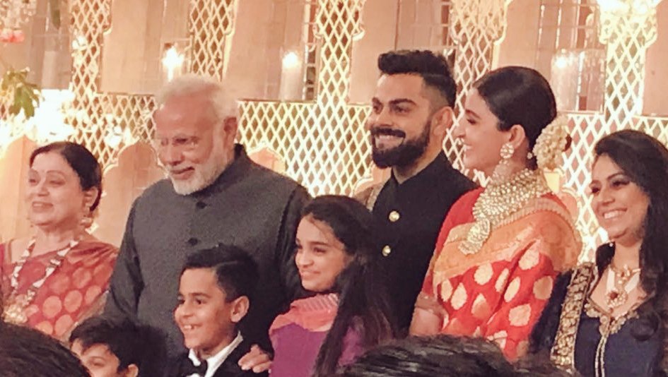 Prime Minister Narendra Modi and Finance Minister Arun Jaitley were among the high-profile guests at the wedding reception of star cricketer Virat Kohli and Bollywood actress Anushka Sharma here on Thursday. Narendra Modi,PM Narendra Modi,Narendra Modi at Virat Kohli wedding reception,Narendra Modi at Anushka Sharma's wedding reception