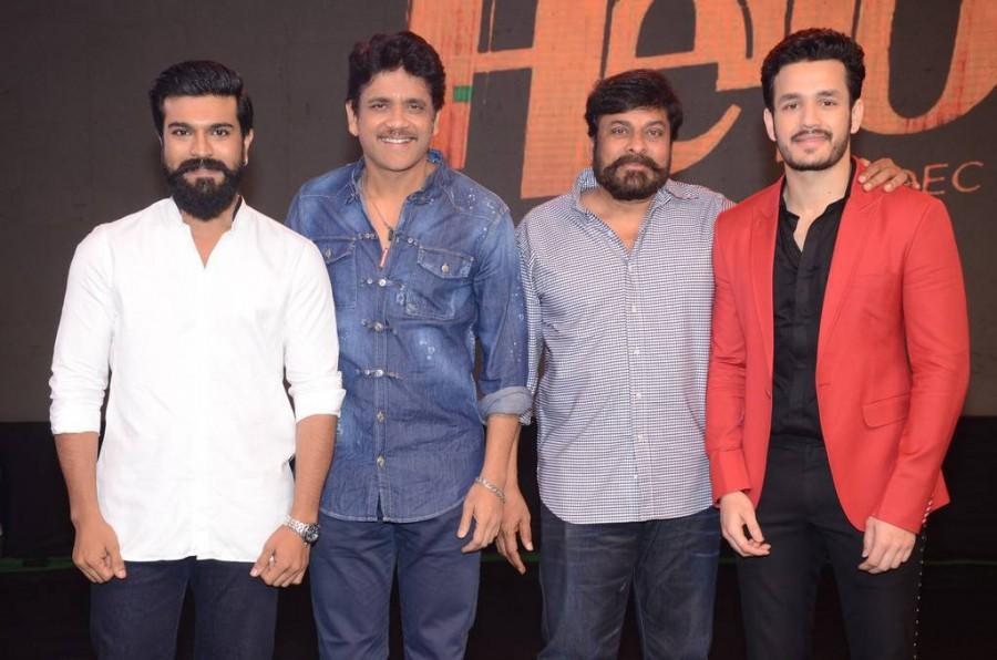 Ram Charan, Nagarjuna, Chiranjeevi, Naga Chaitanya at Hello movie Pre Release event. Chiranjeevi,Ram Charan,Naga Chaitanya,Samantha,Nagarjuna,Hello movie Pre Release event,Hello Pre Release event,Hello,Hello review,Hello movie review
