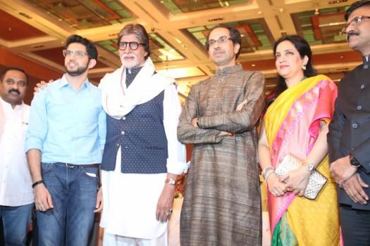 Amitabh Bachchan, Uddhav Thackeray and Rashmi Thackeray at teaser launch of 'Thackeray' at Grand Hyatt hotel in Mumbai on December 21, 2017.