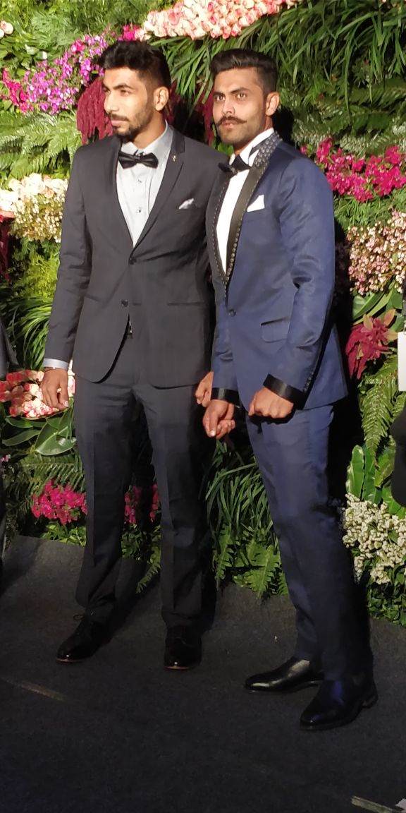 Jasprit Bumrah and Ravindra Jadeja at Virat Kohli and Anushka Sharma reception. Ravindra Jadeja,Sandeep Patil,Virat Kohli and Anushka Sharma,Virat Kohli and Anushka Sharma Mumbai reception,Virat Kohli Mumbai reception,Anushka Sharma Mumbai reception,Boman Irani