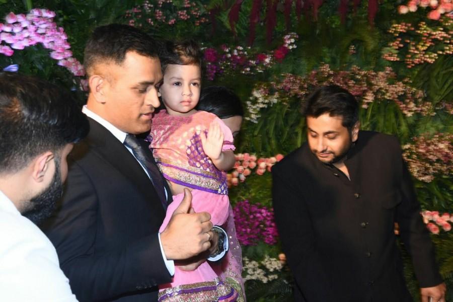 MS Dhoni at Virat Kohli and Anushka Sharma reception. Virat Kohli and Anushka Sharma reception,Virat Kohli reception,Anushka Sharma reception,Sunil Gavaskar