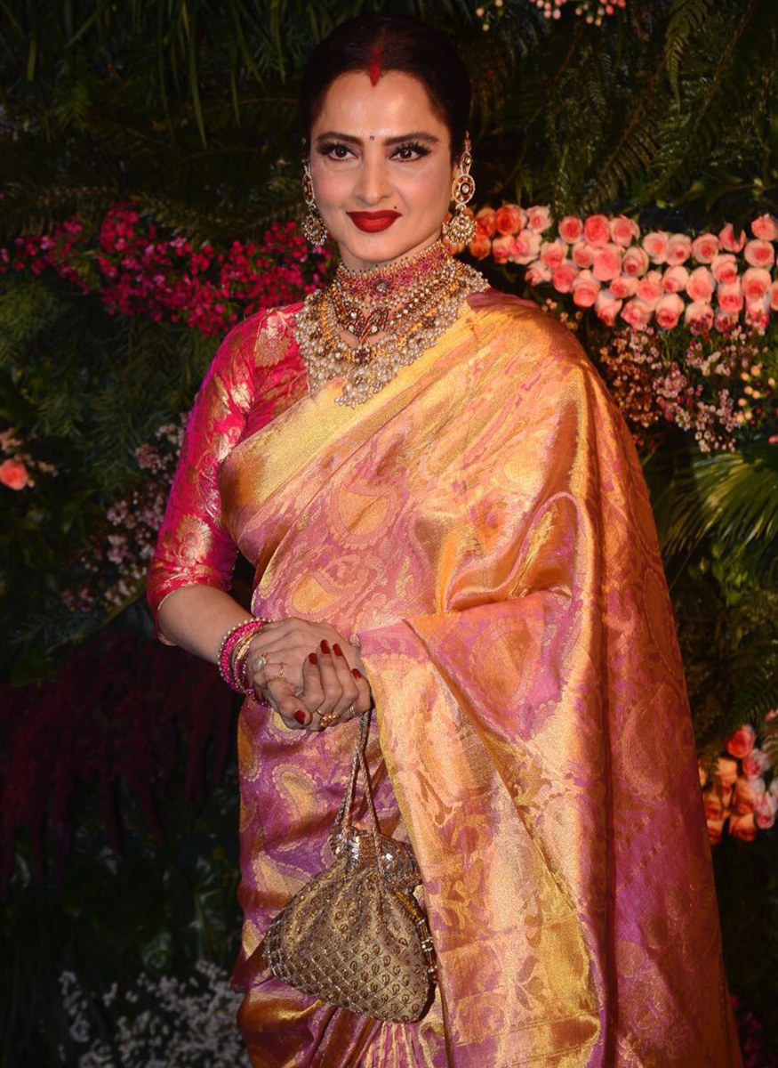 Rekha attends the wedding reception of Virat Kohli and Anushka Sharma held at St. Regis Hotel in Mumbai on December 26, 2017. AR Rahman,Madhuri Dixit,Rekha,Sara Ali Khan,Virat Kohli and Anushka Sharma reception