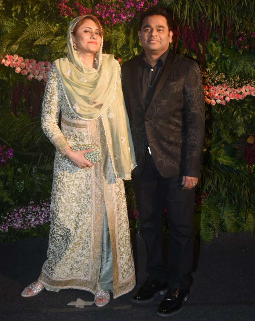 AR Rahman and his wife Saira Banu attend the wedding reception of Virat Kohli and Anushka Sharma held at St. Regis Hotel in Mumbai on December 26, 2017. AR Rahman,Madhuri Dixit,Rekha,Sara Ali Khan,Virat Kohli and Anushka Sharma reception