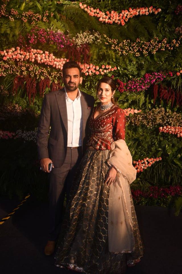 Zaheer Khan with his wife at Virat Kohli and Anushka Sharma reception. Yuvraj Singh,Harbhajan Singh,Zaheer Khan,Virat Kohli and Anushka Sharma reception