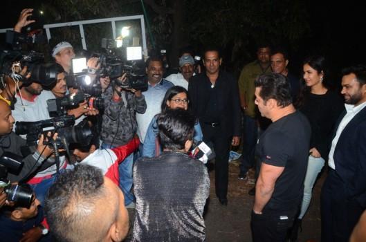 Actor Salman Khan and actress Katrina Kaif pose for photographers during birthday party in Panvel farmhouse.