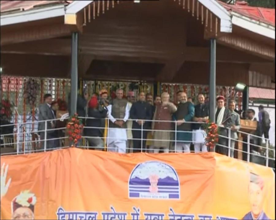 The swearing-in ceremony was held amid beating of drums and playing of 'shehnais' at the historic Ridge with Union Ministers and Chief Ministers of BJP-ruled states in attendance, along with more than 30,000 party supporters from across the state, mostly dressed up in traditional attires. Jai Ram Thakur,Leaders attending Jai Ram Thakur's swearing-in-ceremony,Narendra Modi,PM Narendra Modi,BJP President Amit Shah