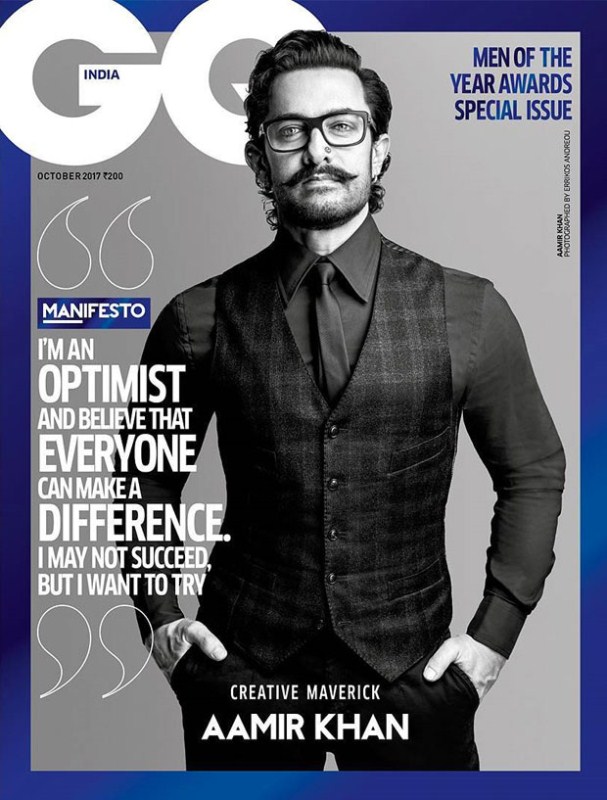 Aamir Khan - GQ (October issue): Mr. Perfectionist looks dapper on the October cover of GQ magazine. Winning the 'Creative Maverick' tag. Nobody could fit the tag better than Aamir himself. Aamir looks sharp in a black shirt and trousers with a vest and tie. The tagline reads, “I’m an optimist and believe that everyone can make a difference. I may not succeed but I want to try.” Ranveer Singh,Deepika Padukone,Aamir Khan,Tiger Shroff,Alia Bhatt,Farhan Akhtar,Shraddha Kapoor,Jacqueline Fernandez,celebs on magazine covers