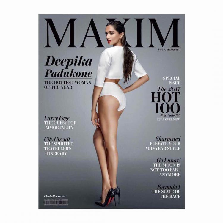 Deepika Padukone - Maxim (June issue): Deepika Padukone is one actress who has made millions swoon over her beauty for years now. The actress' hot avatar has often left guys drooling! Dressed in a white jacket and high waist briefs, Deepika looks extremely hot! Red lips, black stilettos and the wet hair look add to her sexiness! Ranveer Singh,Deepika Padukone,Aamir Khan,Tiger Shroff,Alia Bhatt,Farhan Akhtar,Shraddha Kapoor,Jacqueline Fernandez,celebs on magazine covers