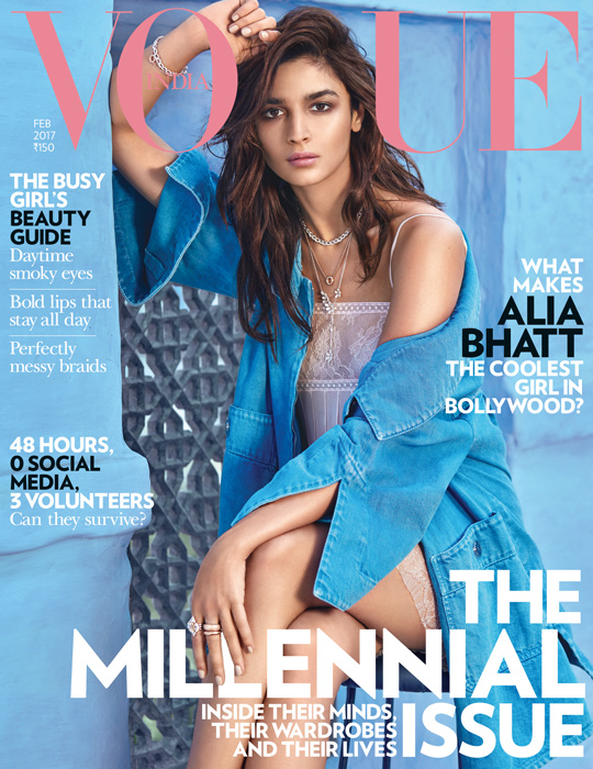 Alia Bhatt - Vogue (February issue): Alia graced the February issue of Vogue and the actress looked stunning. Donning a denim jacket and sporting curly hair, Alia looked every bit chic on the cover of the fashion magazine. Alia had the perfect uber cool chick look. Ranveer Singh,Deepika Padukone,Aamir Khan,Tiger Shroff,Alia Bhatt,Farhan Akhtar,Shraddha Kapoor,Jacqueline Fernandez,celebs on magazine covers