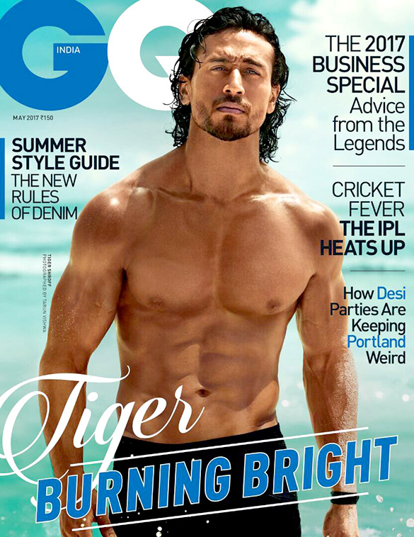 Tiger Shroff - GQ (May issue): Tiger Shroff just made the May heat even hotter as he set the temperature soaring on the cover of GQ magazine. Baring it all the actor flaunted his six-pack abs on the cover shot. Wearing a light beard and his wet curly locks, it looks like Tiger just got out of a swim in this shot. With a sunny sky and the blue beach in the backdrop of the picture, Tiger looked hot. GQ Magazine named the issue- "Tiger burning bright". Ranveer Singh,Deepika Padukone,Aamir Khan,Tiger Shroff,Alia Bhatt,Farhan Akhtar,Shraddha Kapoor,Jacqueline Fernandez,celebs on magazine covers