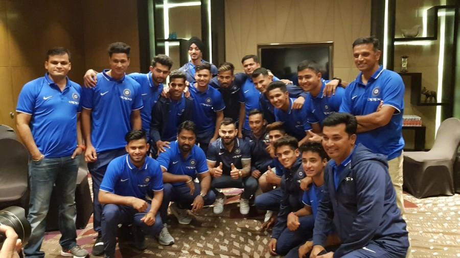 India captain Virat Kohli gave the national U-19 cricket team a quick pep talk here on Wednesday ahead of their departure for the U-19 World Cup. Kohli who captained India's successful team to the U-19 World Cup in 2008, praised current U-19 skipper Prithvi Shaw, hailing him as a special talent. Shaw has already scored five centuries in first class cricket and is expected to be one of the bulwarks of the Indian batting line-up at the U-19 World Cup which is scheduled to start in New Zealand on January 13. Virat Kohli,India captain Virat Kohli,Prithvi Shaw,U-19 World Cup
