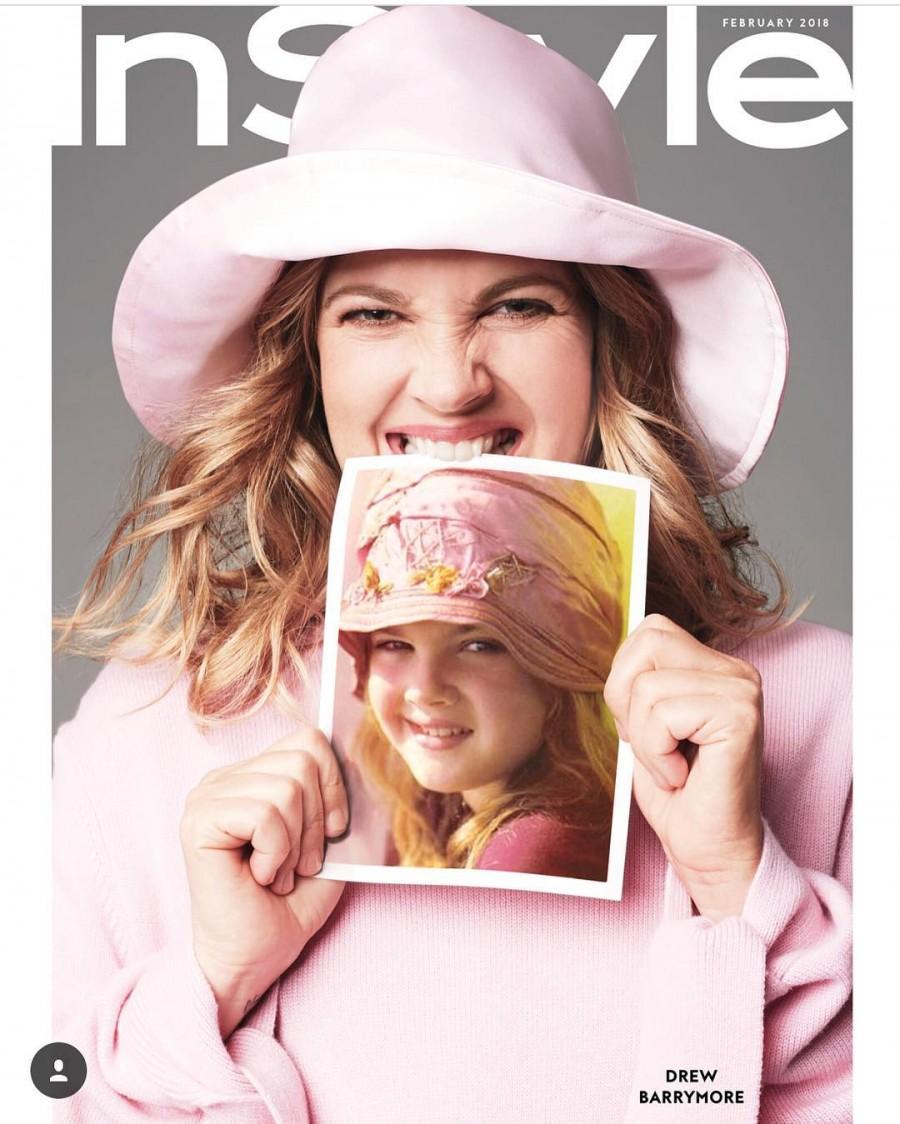 Holding a photograph of herself in a pink hat, Barrymore explains that it is an image of her from a photo shoot in 1984 when she was nine. Drew Barrymore,actress Drew Barrymore,Drew Barrymore childhood looks,Drew Barrymore childhood pics,Drew Barrymore childhood images,Drew Barrymore childhood stills,Drew Barrymore childhood pictures,Drew Barrymore childhood photos