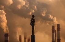 Steam rises from chimneys of a heating power plant near a monument of Soviet cosmonaut Yuri Gagarin, the first man in space, with the air temperature at about minus 17 degrees Celsius (1.4 degrees Fahrenheit), during sunset in Moscow, Russia, January 9, 2017.
