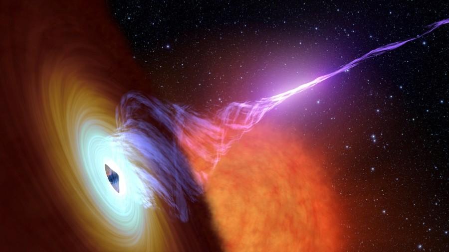 An artist's concept shows a black hole with an accretion disk - a flat structure of material orbiting the black hole - and a jet of hot gas, called plasma. Best space images of 2017,Best space pics of 2017,Best space stills of 2017,Best space photos of 2017,astronomy images of 2017,astronomy pics of 2017,astronomy stills of 2017