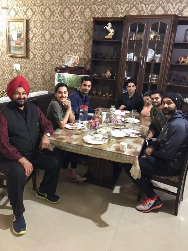 Angad and Diljit were often seen breaking into practicing hockey and working out with the Sandeep and Bikramjeet on the sets. It was a pleasant sight on the sets looking at the real-life avatars Sandeep and Bikramjeet interacting with the reel avatars Diljit and Angad. Their collaboration during the shoots infused a very positive atmosphere to work. Bikramjeet Singh,Angad Bedi,Diljit Dosanjh,Sandeep Singh,Soorma,Soorma on the sets,Taapsee Pannu