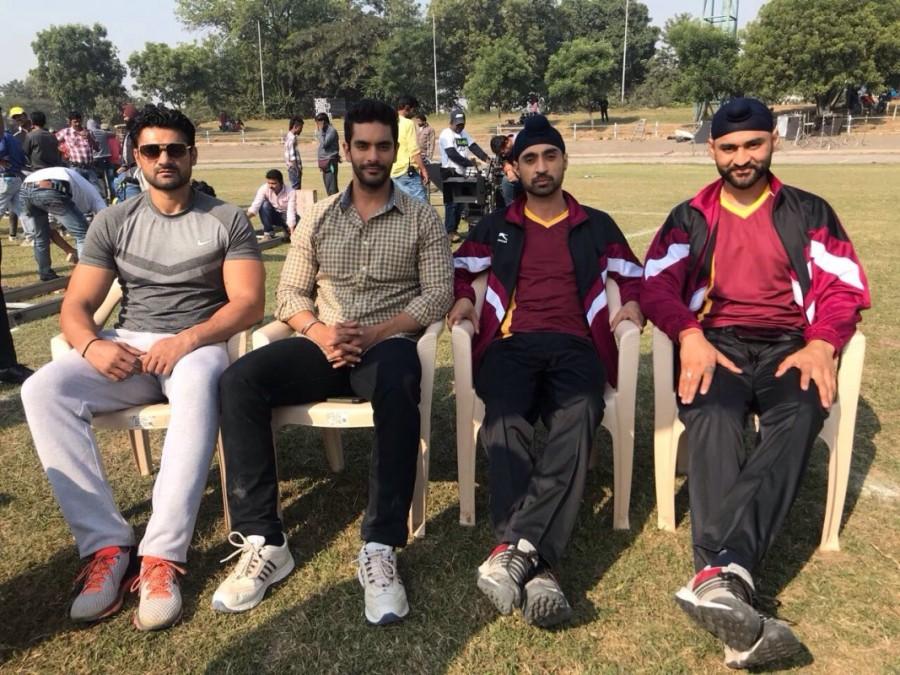 From Left - Bikramjeet Singh, Angad Bedi, Diljit Dosanjh and Sandeep Singh on the sets of Soorma. Bikramjeet Singh,Angad Bedi,Diljit Dosanjh,Sandeep Singh,Soorma,Soorma on the sets,Taapsee Pannu