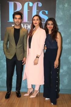 Rajkummar Rao, Neha Dhupia and Radhika Apte pose for camera during their visit on the set of Infinity TV Serial Vogue BFFs.
