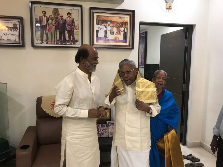 Superstar Rajinikanth meets AIADMK senior ex-minister RM Veerapan. Rajinikanth,Superstar Rajinikanth,Rajinikanth meets RM Veerappan,RM Veerappan,BAASHA,BAASHA producer