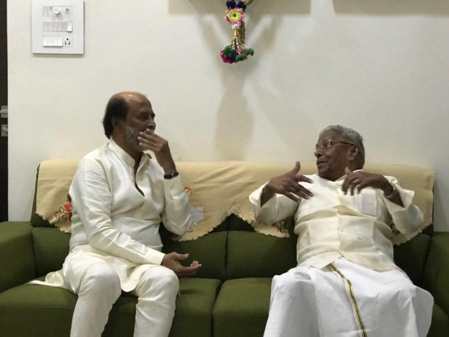 South Indian actor Rajinikanth meets RM Veerapan, AIADMK senior ex-minister, producer of his mega blockbuster BAASHA. Rajinikanth,Superstar Rajinikanth,Rajinikanth meets RM Veerappan,RM Veerappan,BAASHA,BAASHA producer
