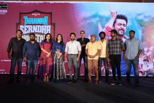 Thaana Serndha Kootam press meet event held in Chennai. Celebs like Suriya, Keerthy Suresh, Ramya Krishnan, Vignesh Shivan, Thambi Ramaiah, Dinesh Krishnan graced the event.