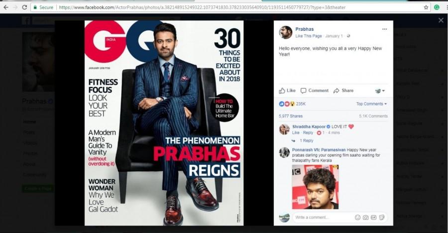 The actress has taken to her social media handle in order to compliment her Saaho co-star Prabhas. Shraddha Kapoor took to her Facebook handle and wrote,"LOVE IT". This is Prabhas' is first ever magazine cover and we can say the talented actor has completely nailed. The Saaho actor has undergone a complete transformation for his GQ cover shoot. Prabhas is seen in complete formal look in suits, which he has donned for the cover. The talented actor has mesmerized his fans with his recent GQ Cover in which he is seen in a completely never seen before avatar. Every picture from the shoot is getting fans from across the country go ga-ga over this Baahubali star. Saaho,Shraddha Kapoor,actress Shraddha Kapoor,Shraddha Kapoor and Prabhas,Prabhas,Prabhas on GQ cover,GQ cover