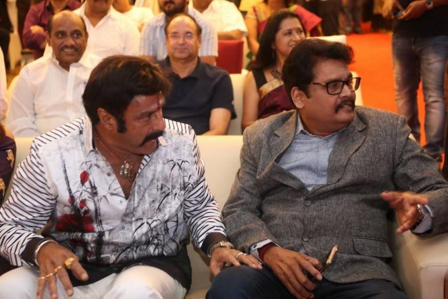 Nandamuri Balakrishna and KS Ravi Kumar at Jai Simha pre-release event. Nandamuri Balakrishna,Natasha Doshi,Brahmanandam,VV Vinayak,Boyapati Srinu,KS Ravi Kumar,Jai Simha pre-release event,Jai Simha review,Jai Simha movie review,Jai Simha pre-release pics,Jai Simha pre-release images,Jai Simha pre-release stills,Jai Simha pre