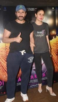 Saif Ali Khan and Kareena Kapoor Khan pose together as they arrive at the special screening of ‘Kaalakaandi’ in Mumbai on January 9, 2017.