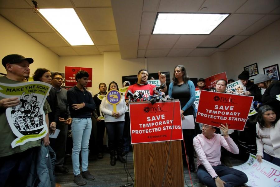 Salvadoran immigrant Hugo Rodriguez speaks during a news conference at the New York Immigration Coalition in Manhattan. Salvadoran immigrants,U.S. protest,United States,Trump administration