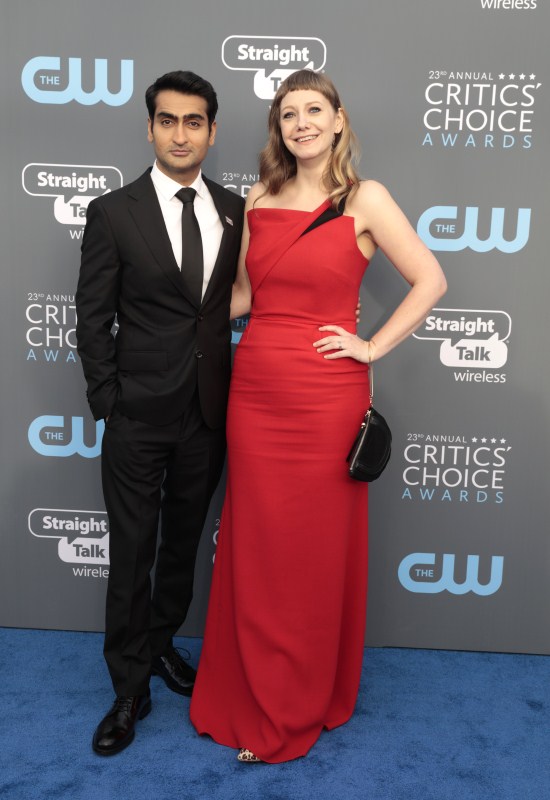 Actor Kumail Nanjiani and screenwriter Emily V. Gordon at Critics choice red carpet. Allison Williams,Gal Gadot,Jessica Biel,Jessica Chastain,Margot Robbie,Critics choice,Critics choice red carpet,Critics Choice Awards 2018,celebs at Critics choice red carpet