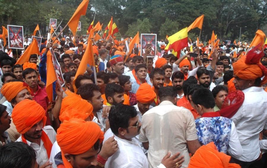 Members of the Rajput outfit, under the leadership of Sukhdev Singh Gogameri, gathered outside the CBFC office to express dissent over the censor board's decision to allow the release of the controversial movie. Karni Sena,Karni Sena protests against Padmaavat release,Karni Sena protests,Padmaavat,Padmaavat release,CBFC office