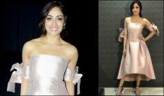 The actress was seen donning a pale pink satin doll dress with side bows. She paired the dress with unusual heels which were perfectly going with the outfit.