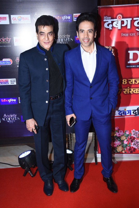 Jeetendra and Tusshar Kapoor pose for photographers on her arrival at the 'Society Achievers Awards 2018' in Mumbai. Hema Malini,Rohit Shetty,Sonu Sood,Tusshar Kapoor,Society Achievers Awards 2018,Society Achievers Awards,celebs at Society Achievers Awards,Society Achievers Awards pics,Society Achievers Awards images,Society Achievers Awards stills,Society Achievers Awa