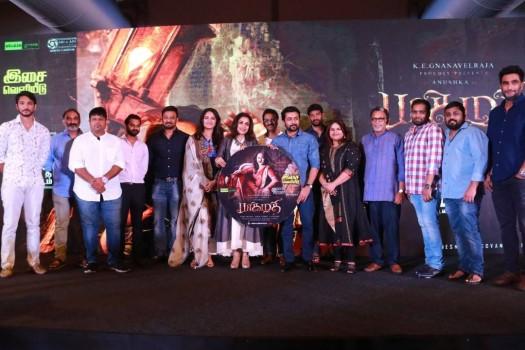 Tamil movie Bhaagamathie music launch event held in Chennai. Celebs like Anushka Shetty, Suriya, Ramya Krishnan and Vidyullekha Raman graced the event.