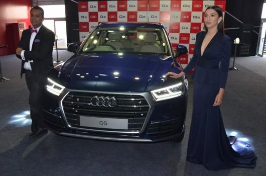 Audi India head Rahil Ansari and actress Gauhar Khan with the newly launched Audi Q5 car in New Delhi on Jan 18, 2018.
