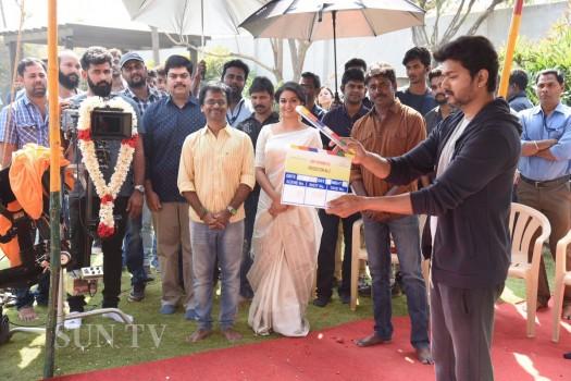 Actor Vijay, Keerthy Suresh and AR Murugadoss at Thalapathy 62 movie launch