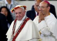 Pope Francis attends a meeting with members of Peruvian indigenous groups, at the Coliseum Madre de Dios, in Puerto Maldonado, Peru.