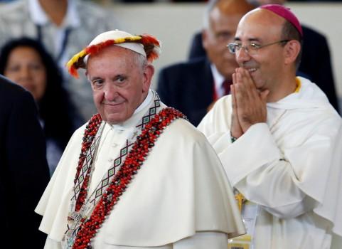 Pope Francis attends a meeting with members of Peruvian indigenous groups, at the Coliseum Madre de Dios, in Puerto Maldonado, Peru.